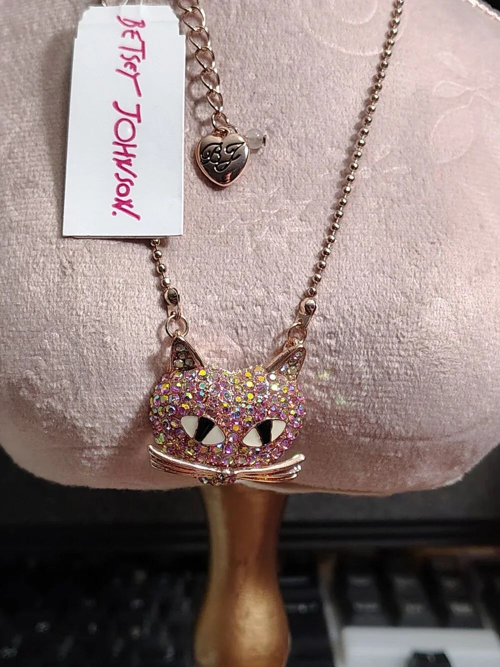 Betsey Johnson Pink Multicolor Glitter Cat Pendant Necklace